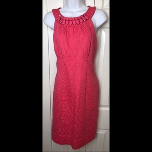 JUST…TAYLOR Pink Shift Sheath Dress Detailed Neckline Beaded Textured Cotton